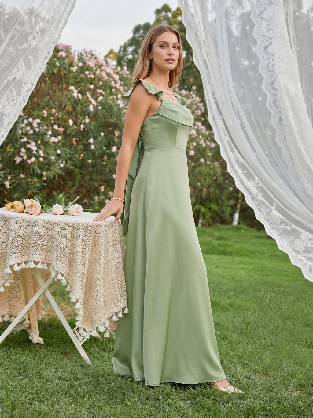 Elegant Dusty Sage Satin Mermaid Square Neck Back Zip Ankle-Length Bridesmaid Dress