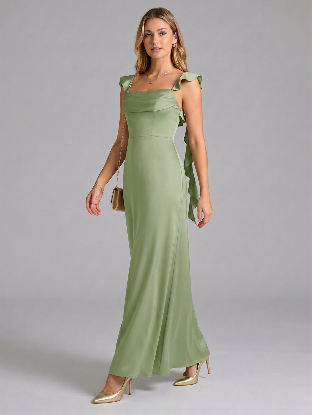 Elegant Dusty Sage Satin Mermaid Square Neck Back Zip Ankle-Length Bridesmaid Dress