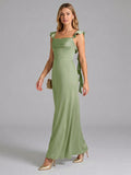 Elegant Dusty Sage Satin Mermaid Square Neck Back Zip Ankle-Length Bridesmaid Dress