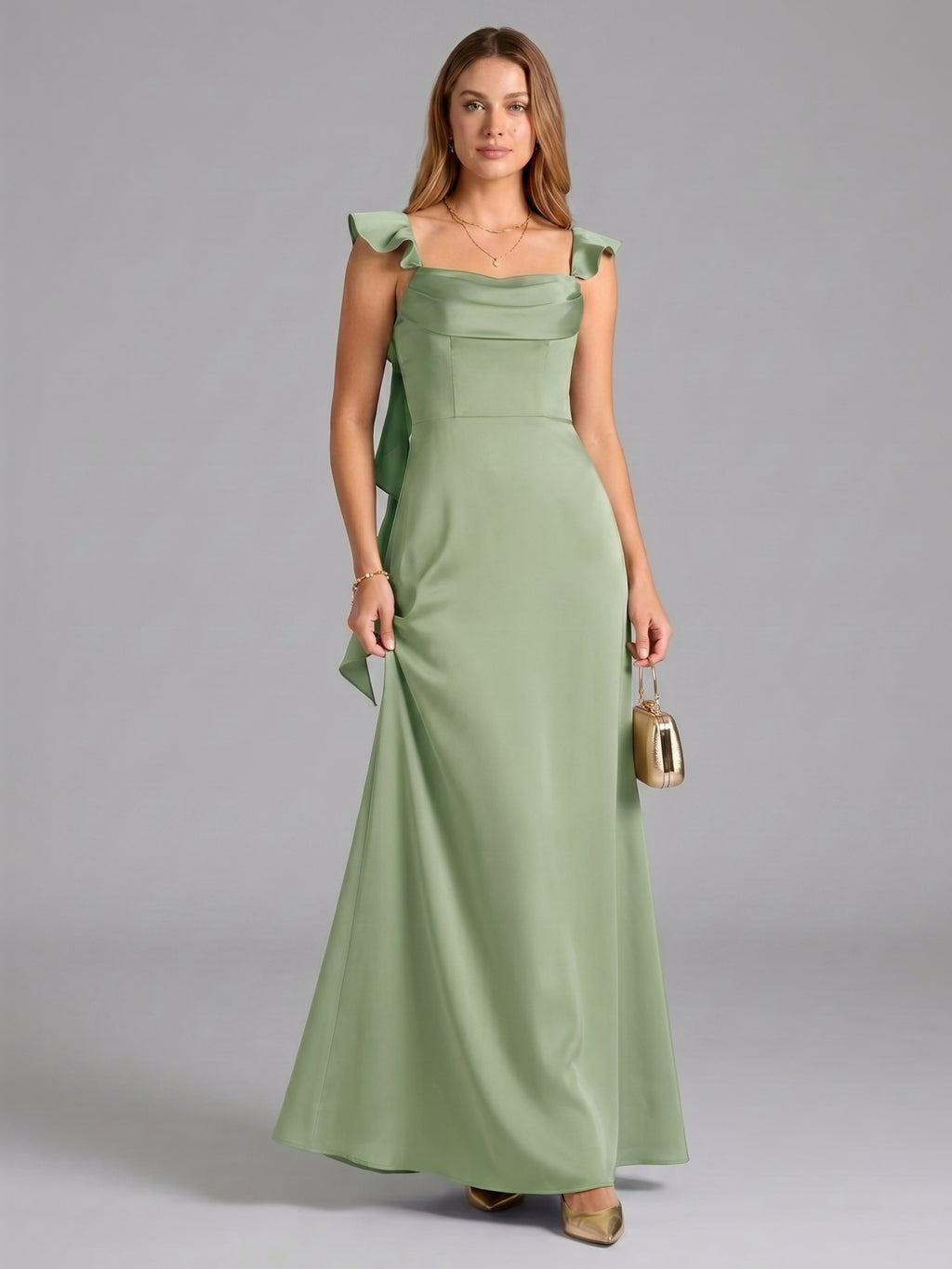 Elegant Dusty Sage Satin Mermaid Square Neck Back Zip Ankle-Length Bridesmaid Dress
