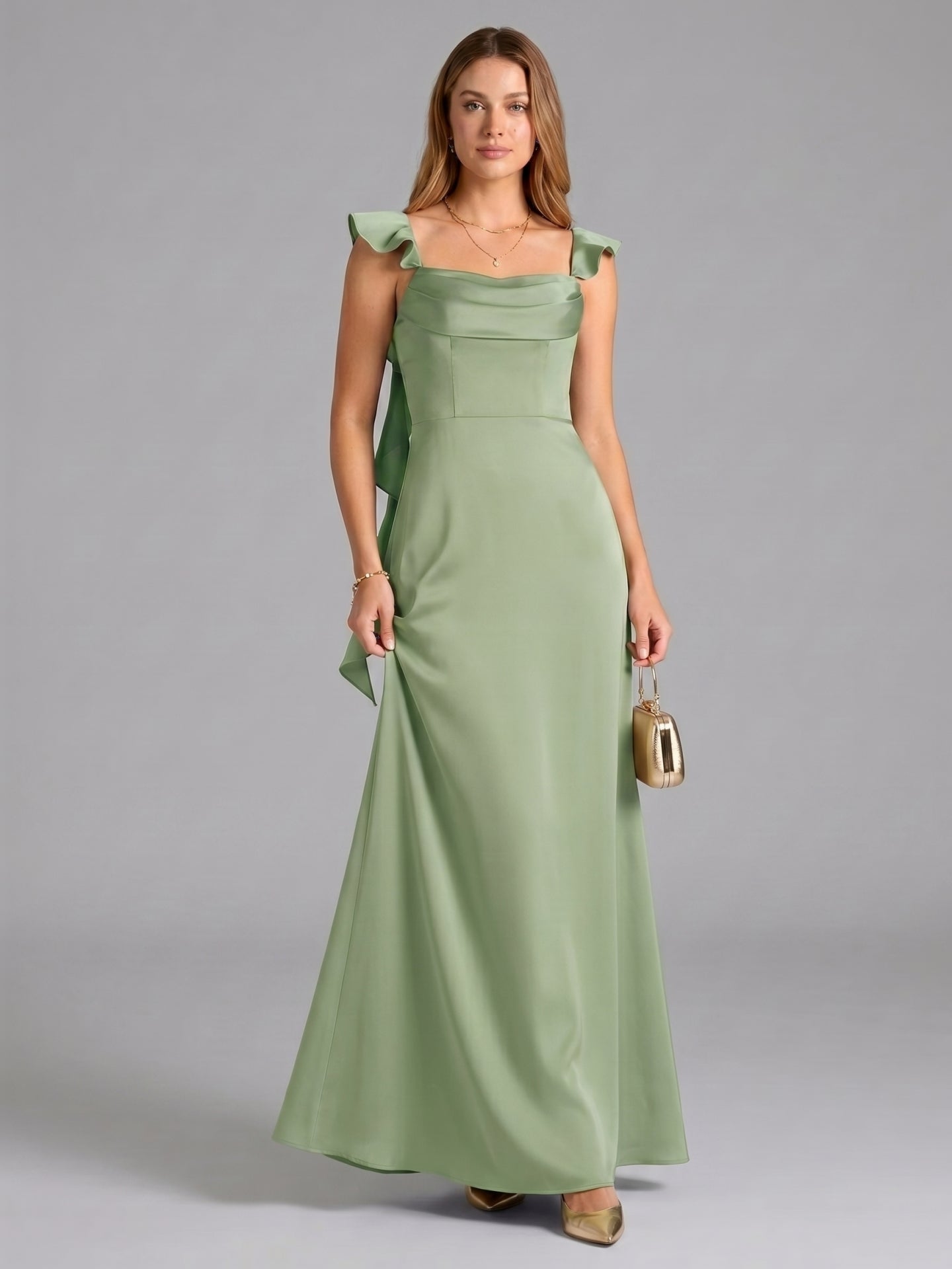 Elegant Dusty Sage Satin Mermaid Square Neck Back Zip Ankle-Length Bridesmaid Dress