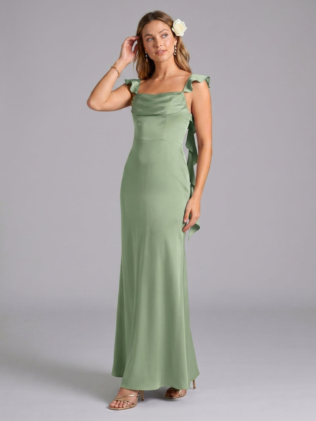 Elegant Dusty Sage Satin Mermaid Square Neck Back Zip Ankle-Length Bridesmaid Dress