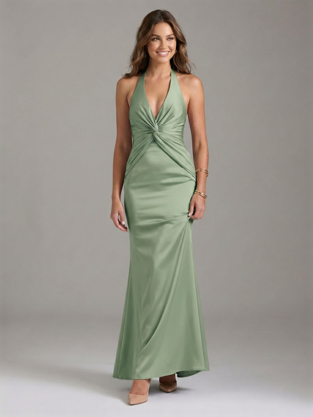 Elegant Dusty Sage Satin Mermaid V-Neck Ankle-Length Bridesmaid Dress