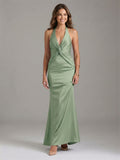 Elegant Dusty Sage Satin Mermaid V-Neck Ankle-Length Bridesmaid Dress