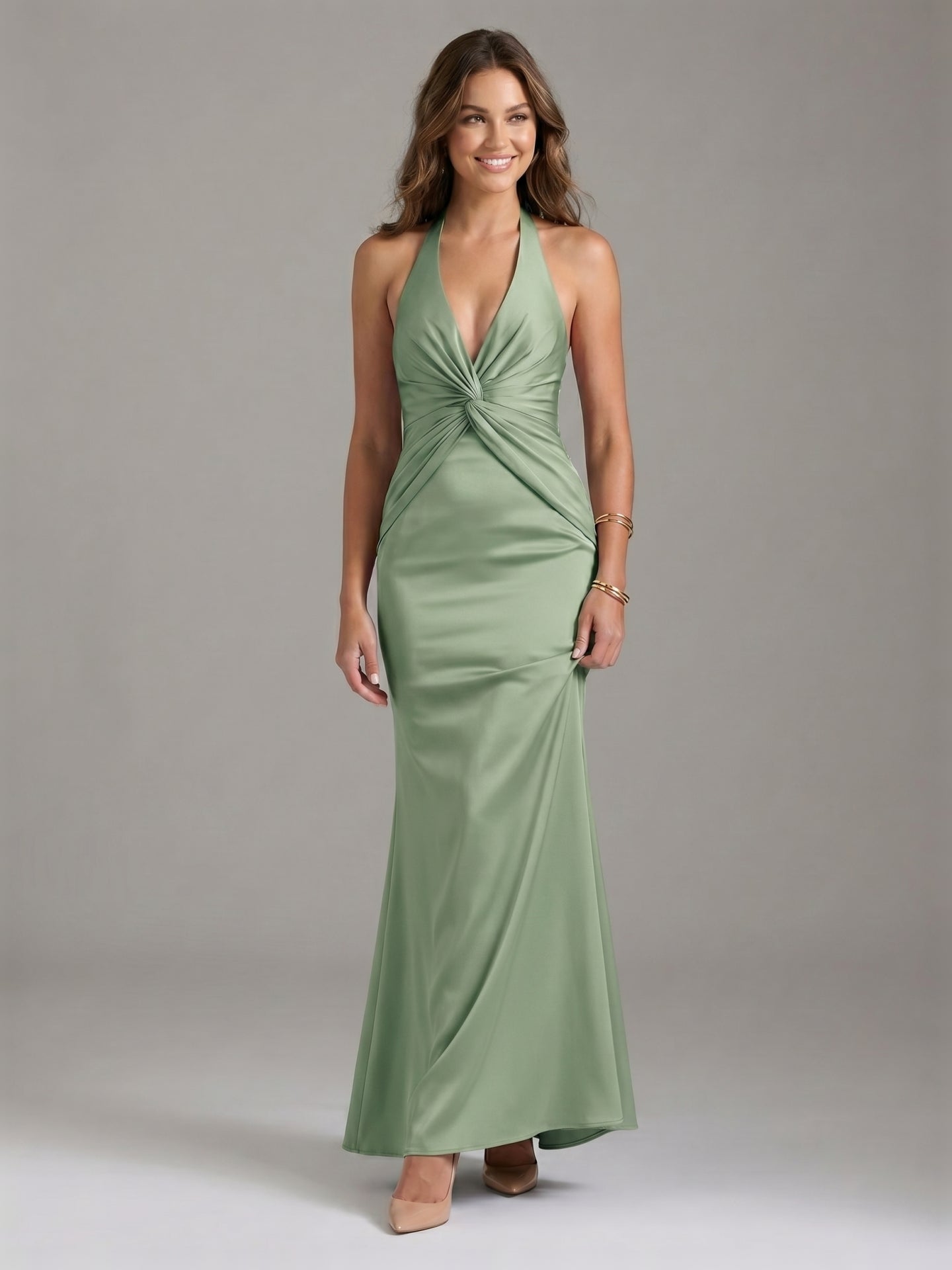 Elegant Dusty Sage Satin Mermaid V-Neck Ankle-Length Bridesmaid Dress