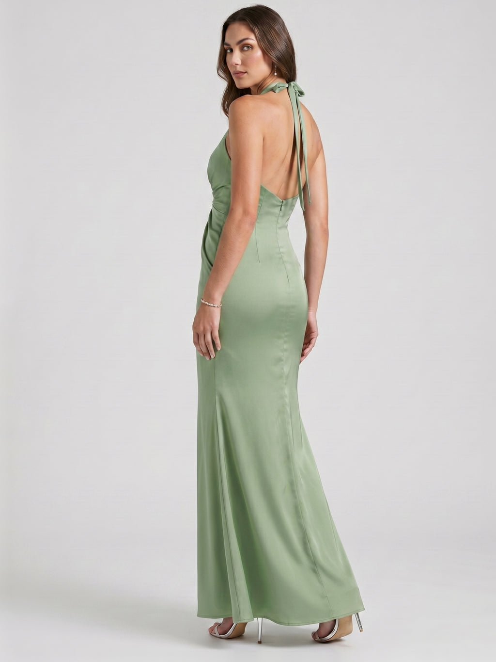Elegant Dusty Sage Satin Mermaid V-Neck Ankle-Length Bridesmaid Dress