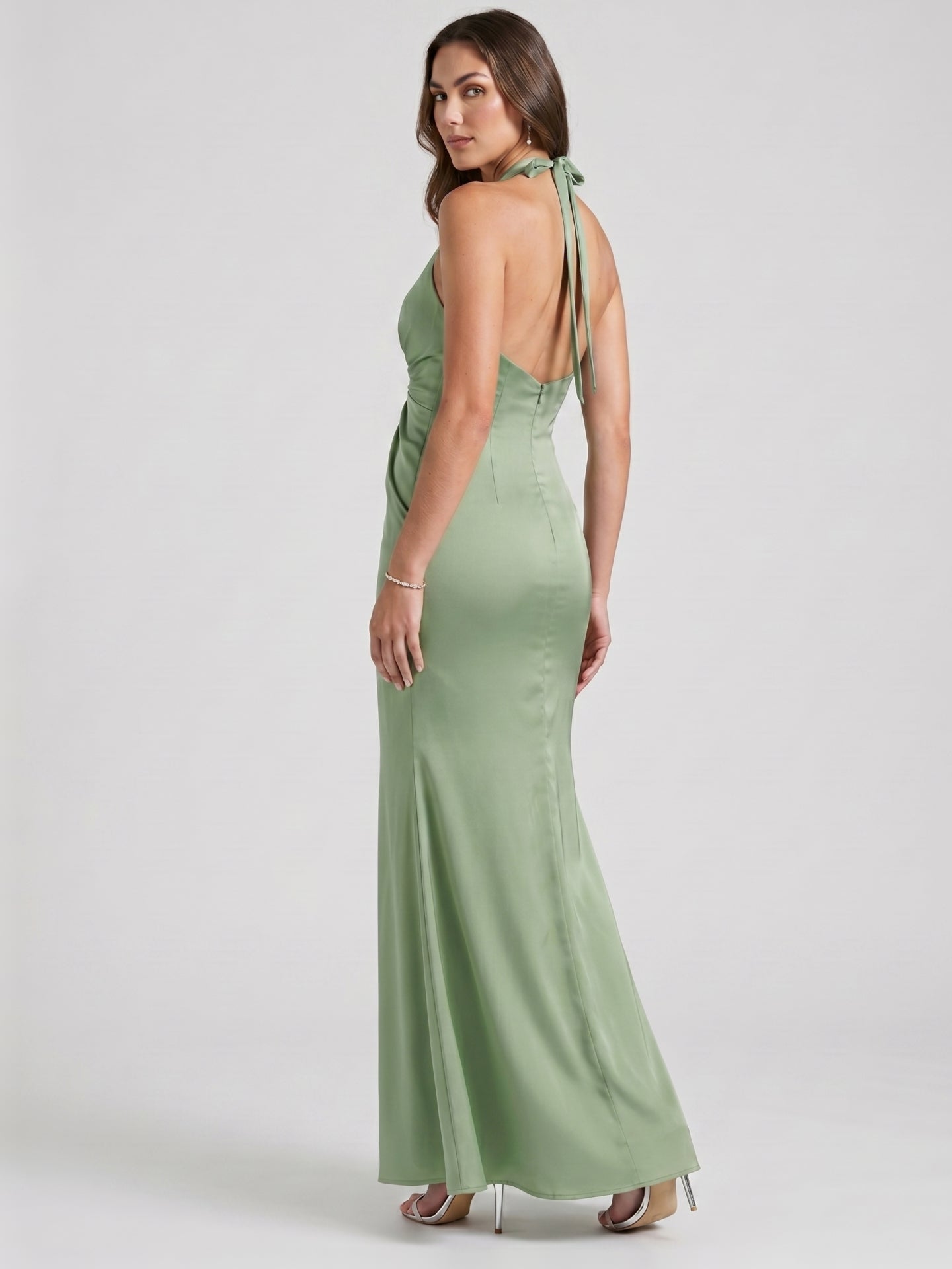 Elegant Dusty Sage Satin Mermaid V-Neck Ankle-Length Bridesmaid Dress