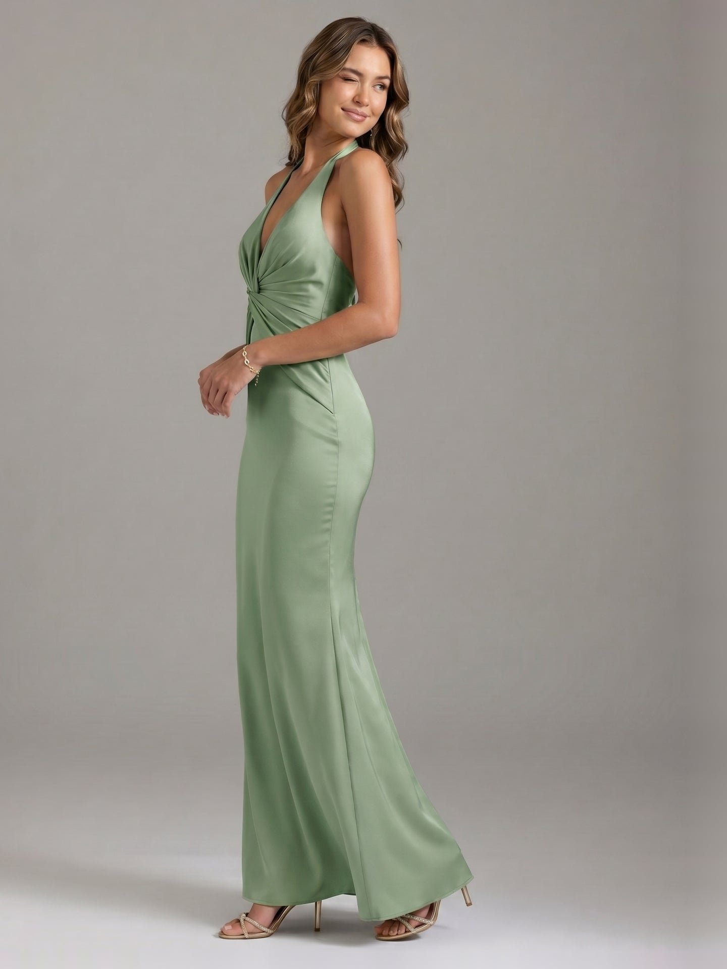 Elegant Dusty Sage Satin Mermaid V-Neck Ankle-Length Bridesmaid Dress