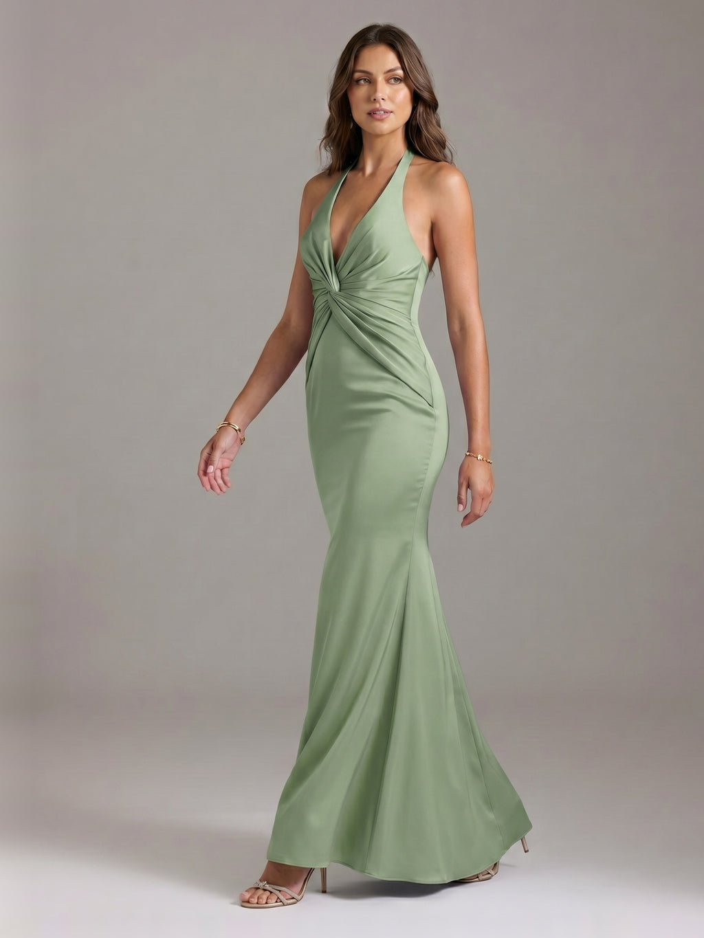 Elegant Dusty Sage Satin Mermaid V-Neck Ankle-Length Bridesmaid Dress