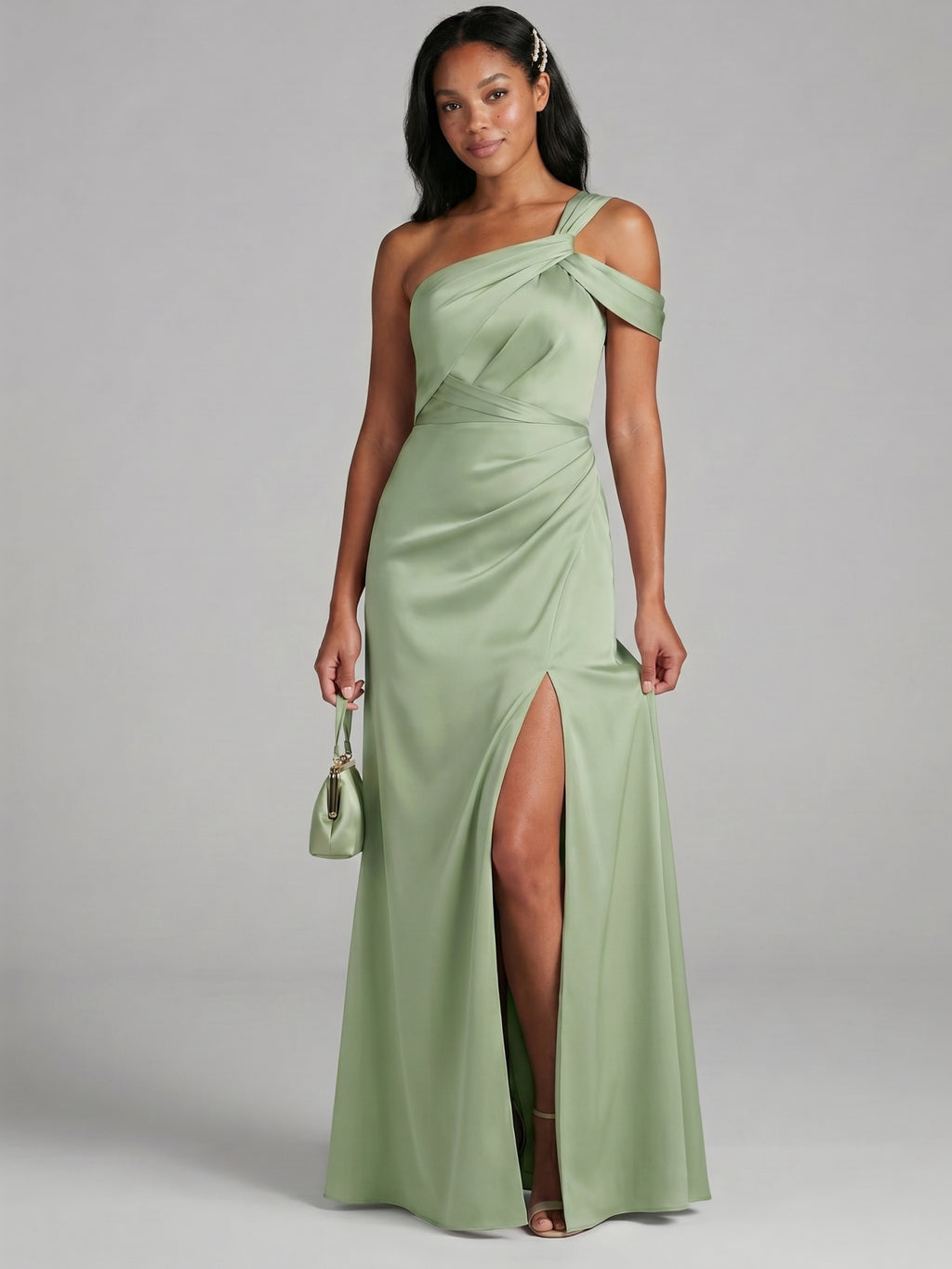 Elegant Dusty Sage Satin Sheath One Shoulder Backless Ankle-Length Bridesmaid Dress
