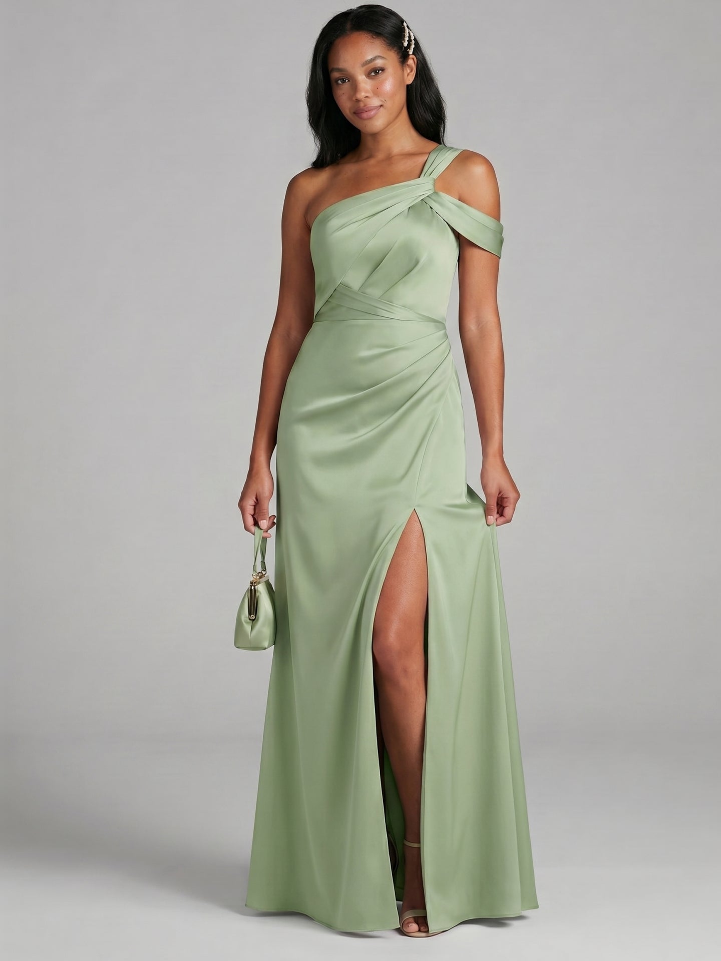 Elegant Dusty Sage Satin Sheath One Shoulder Backless Ankle-Length Bridesmaid Dress