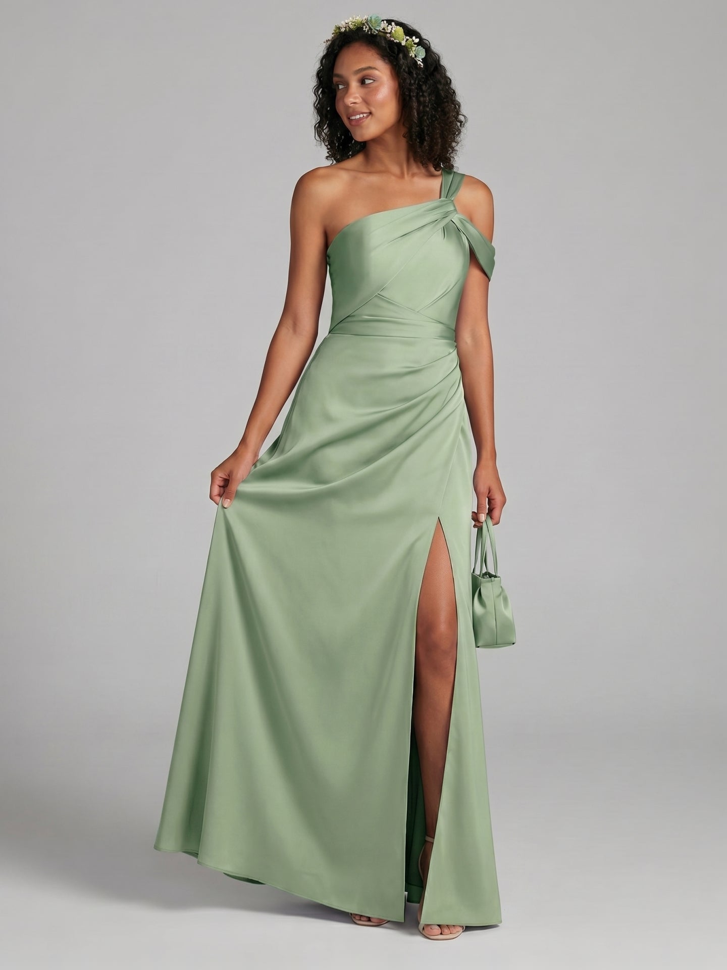 Elegant Dusty Sage Satin Sheath One Shoulder Backless Ankle-Length Bridesmaid Dress