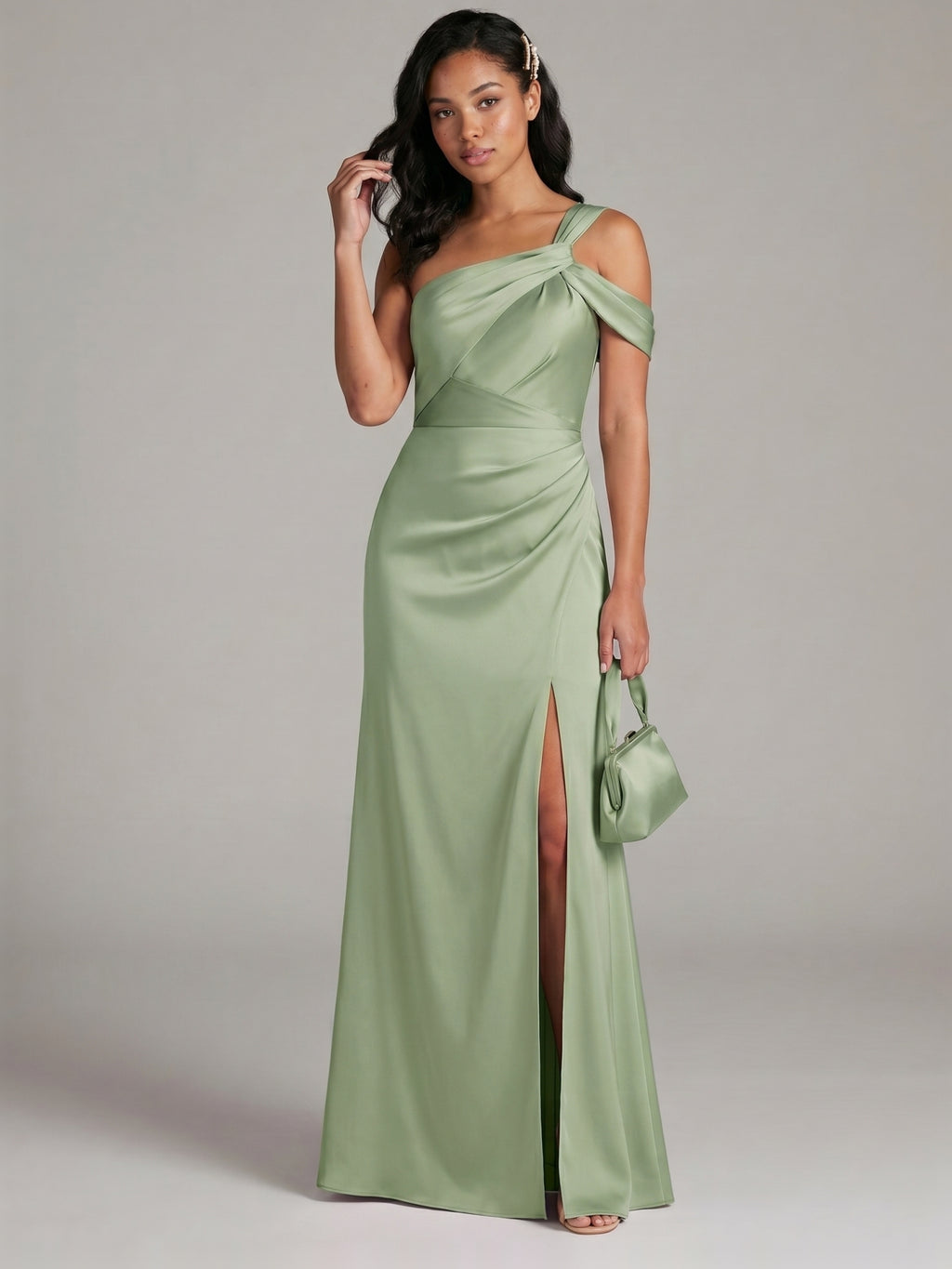 Elegant Dusty Sage Satin Sheath One Shoulder Backless Ankle-Length Bridesmaid Dress