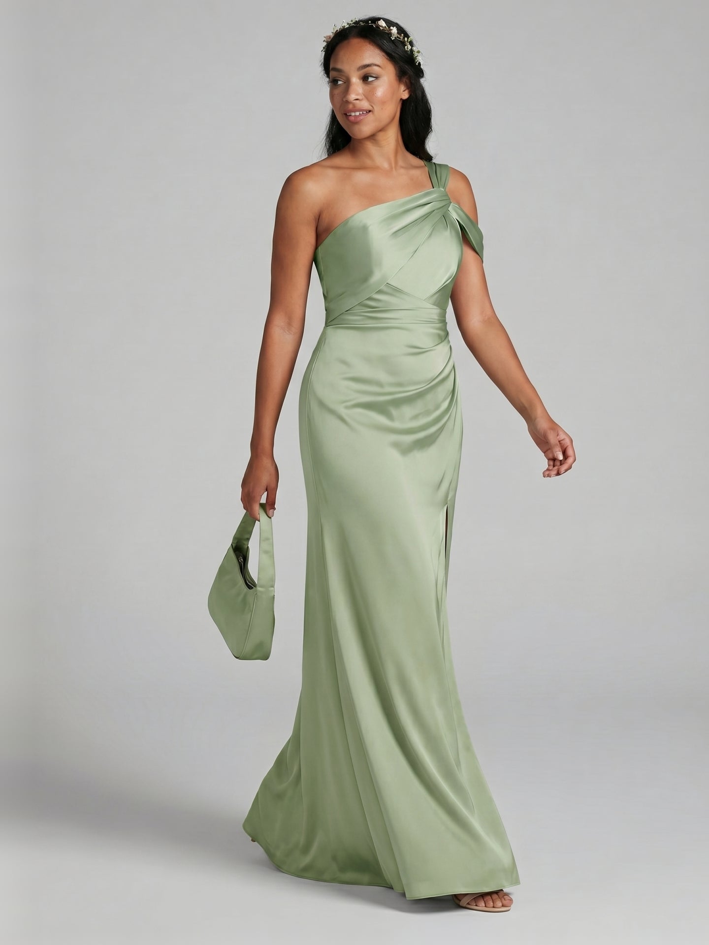 Elegant Dusty Sage Satin Sheath One Shoulder Backless Ankle-Length Bridesmaid Dress