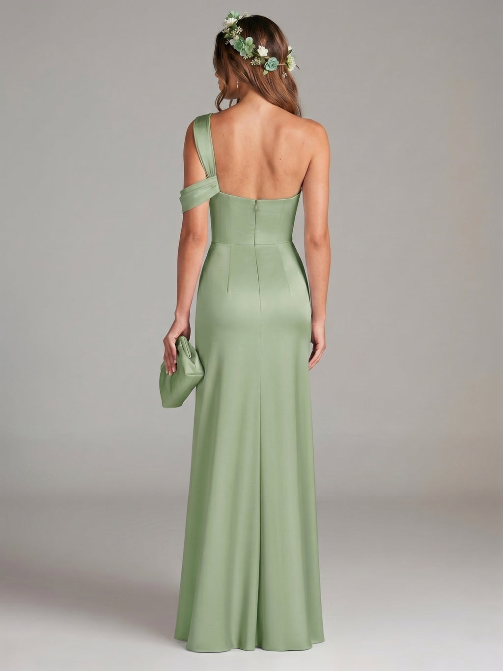 Elegant Dusty Sage Satin Sheath One Shoulder Backless Ankle-Length Bridesmaid Dress