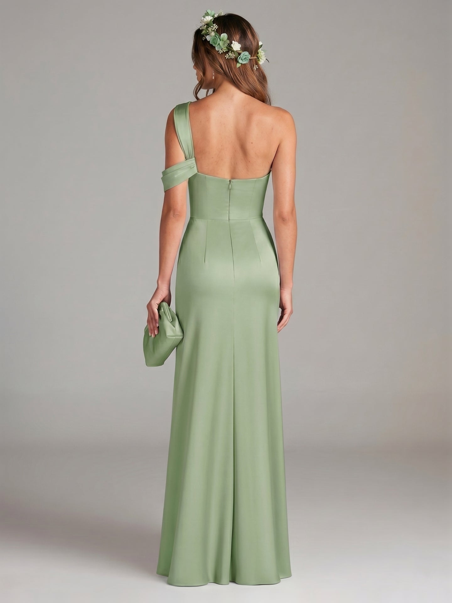 Elegant Dusty Sage Satin Sheath One Shoulder Backless Ankle-Length Bridesmaid Dress