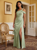 Elegant Dusty Sage Satin Sheath One Shoulder Backless Ankle-Length Bridesmaid Dress