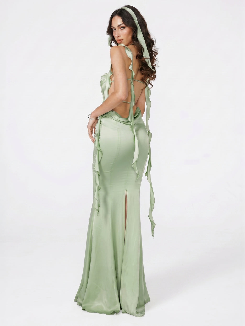 Elegant Dusty Sage Satin Trumpet Cowl Neck Ankle-Length Bridesmaid Dress