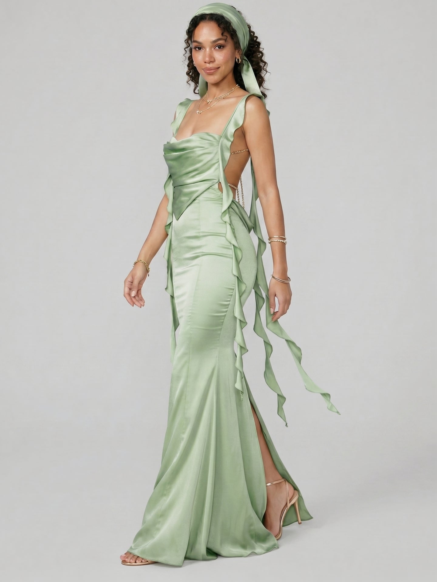 Elegant Dusty Sage Satin Trumpet Cowl Neck Ankle-Length Bridesmaid Dress