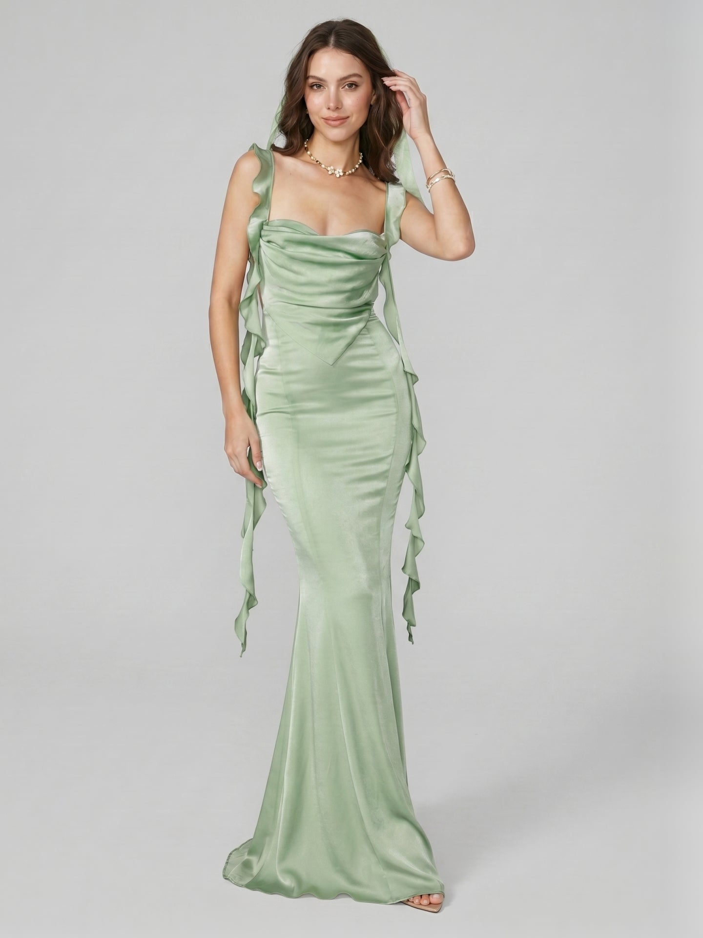 Elegant Dusty Sage Satin Trumpet Cowl Neck Ankle-Length Bridesmaid Dress
