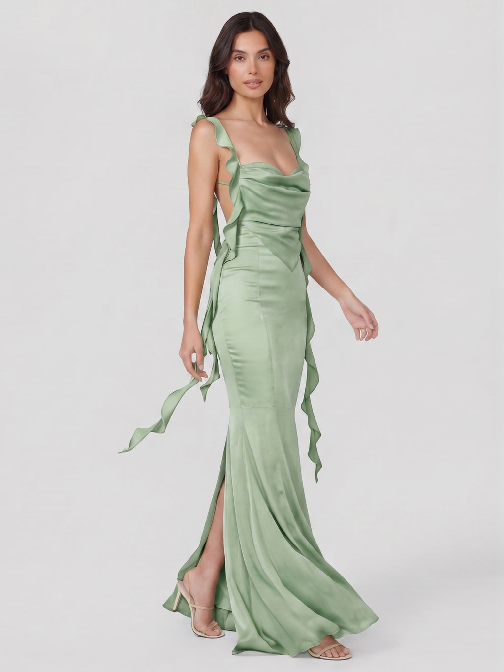 Elegant Dusty Sage Satin Trumpet Cowl Neck Ankle-Length Bridesmaid Dress