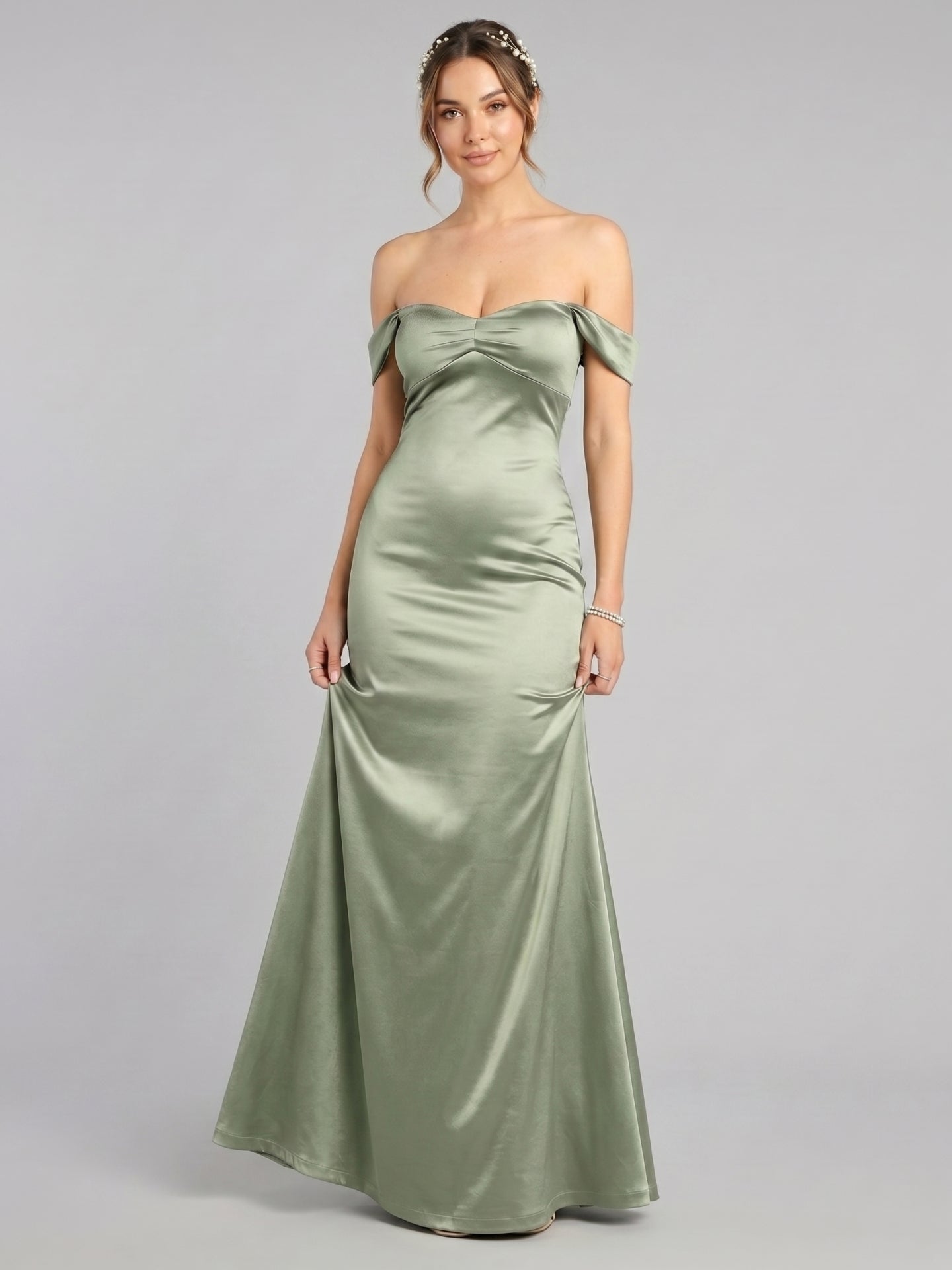 Elegant Dusty Sage Satin Trumpet Off-the-Shoulder Back Zip Ankle-Length Bridesmaid Dress