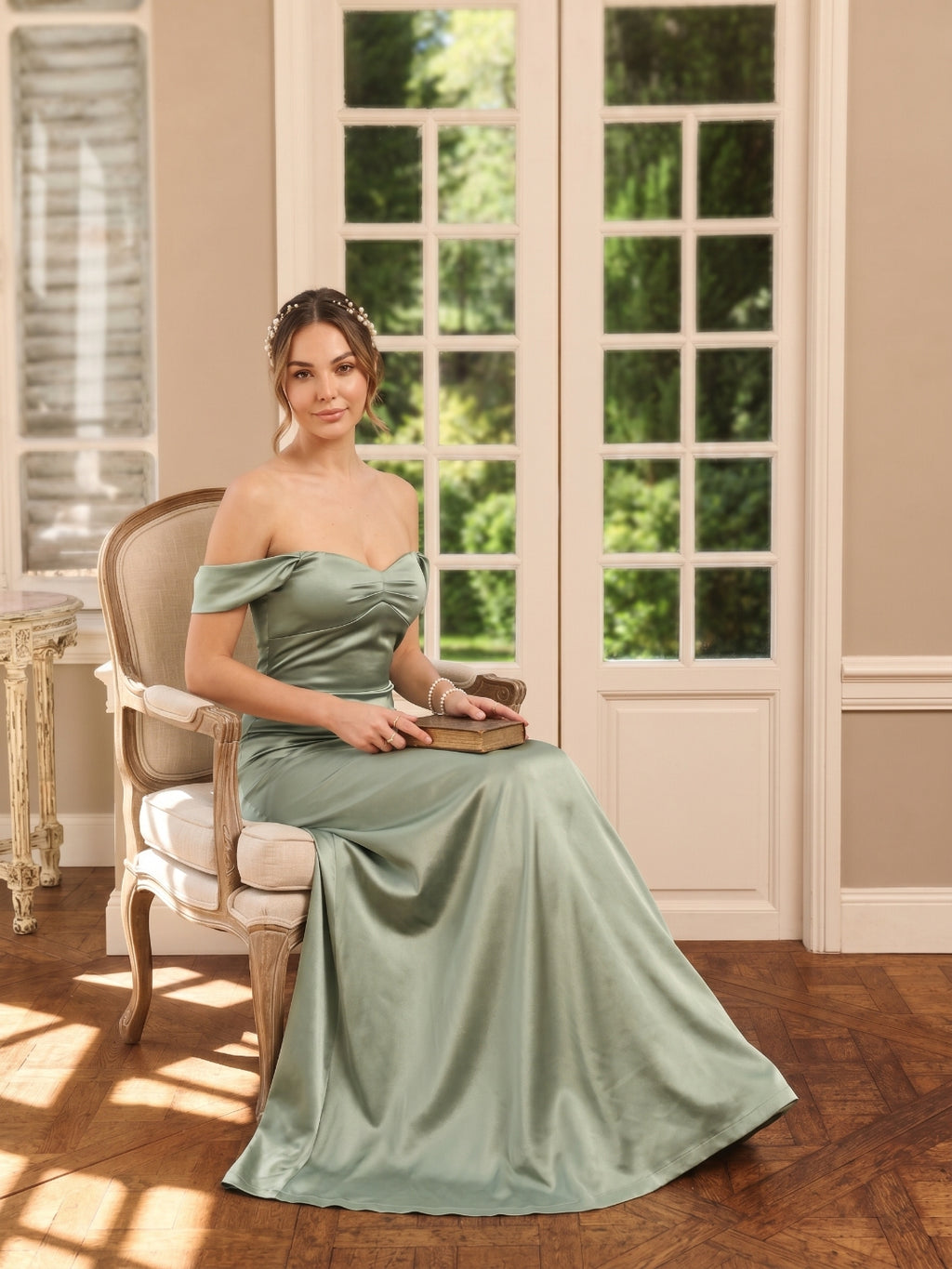 Elegant Dusty Sage Satin Trumpet Off-the-Shoulder Back Zip Ankle-Length Bridesmaid Dress