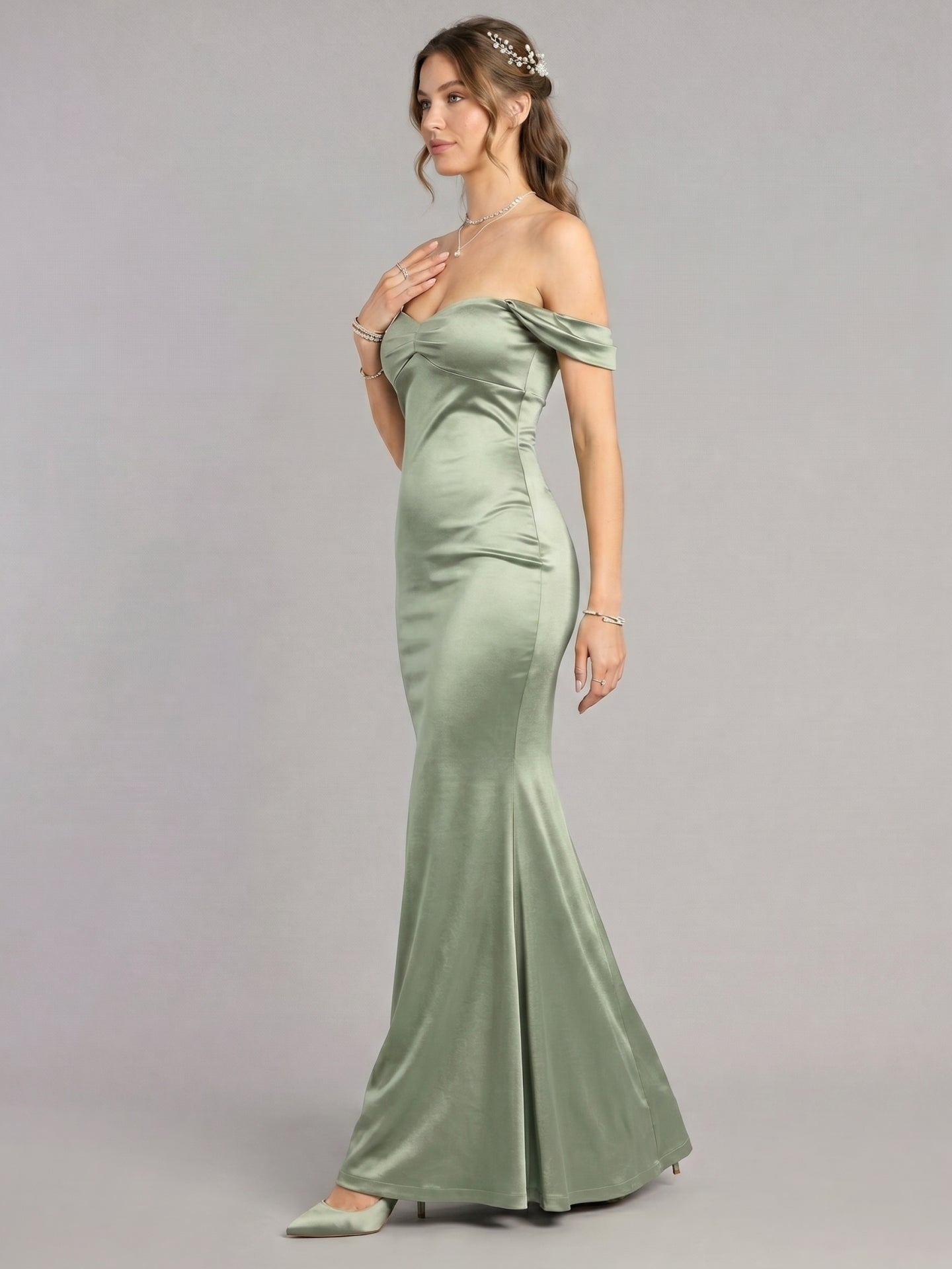 Elegant Dusty Sage Satin Trumpet Off-the-Shoulder Back Zip Ankle-Length Bridesmaid Dress