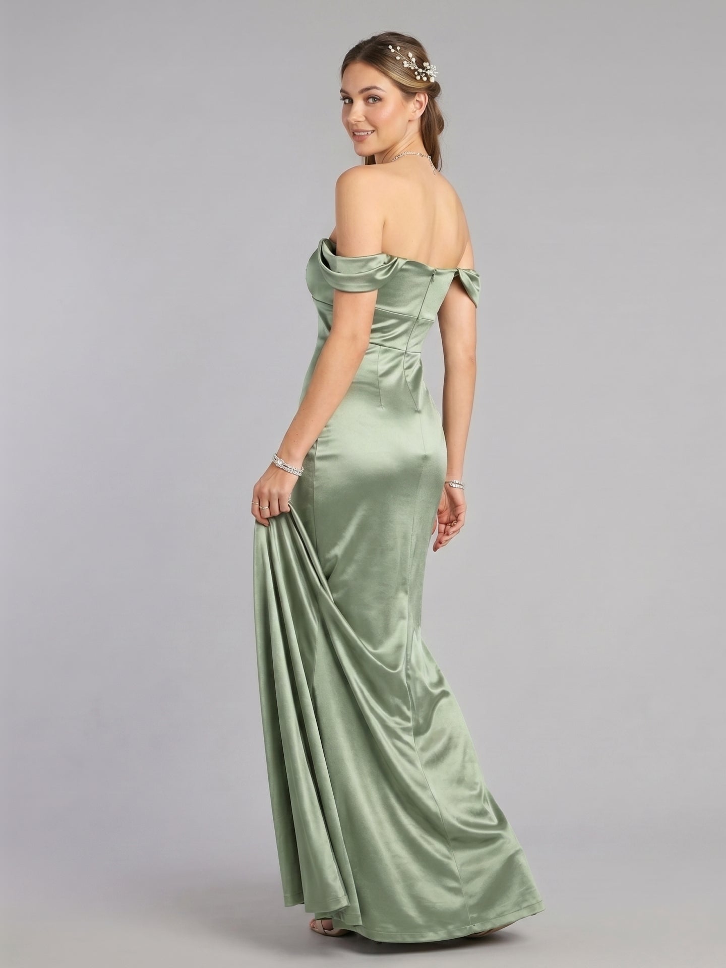 Elegant Dusty Sage Satin Trumpet Off-the-Shoulder Back Zip Ankle-Length Bridesmaid Dress
