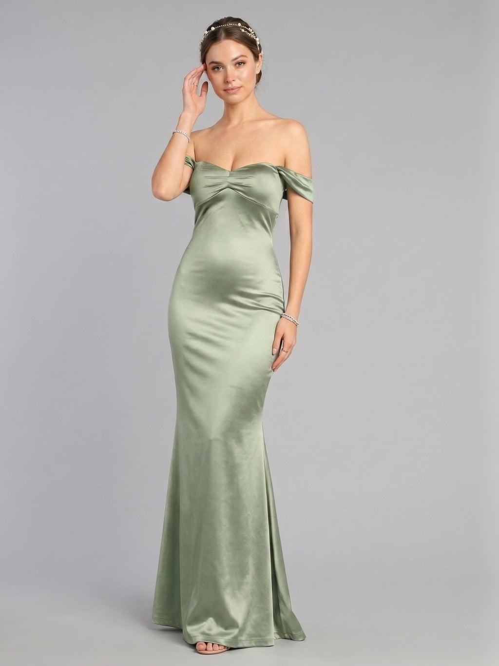 Elegant Dusty Sage Satin Trumpet Off-the-Shoulder Back Zip Ankle-Length Bridesmaid Dress