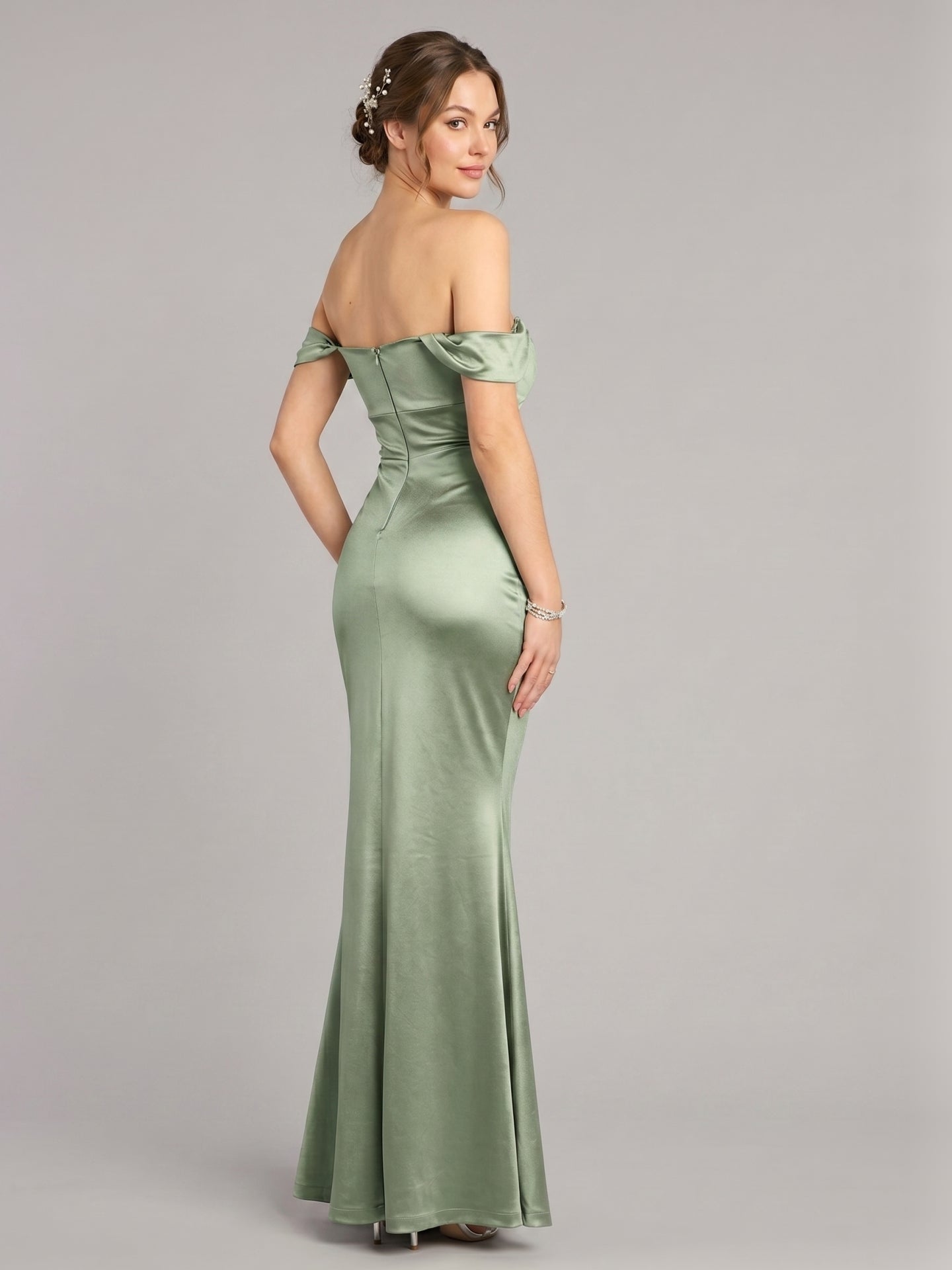 Elegant Dusty Sage Satin Trumpet Off-the-Shoulder Back Zip Ankle-Length Bridesmaid Dress