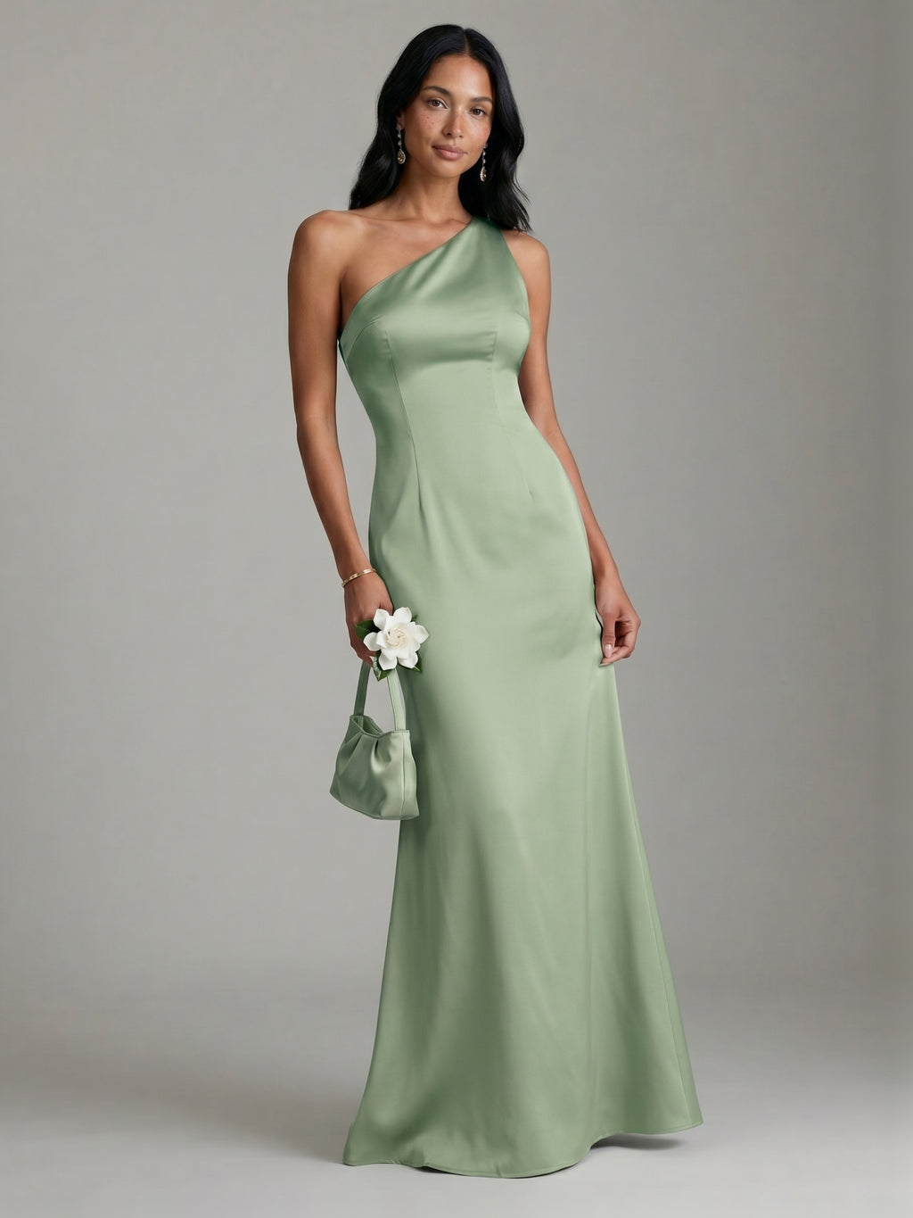 Elegant Dusty Sage Satin mermaid One Shoulder Backless Ankle-Length Bridesmaid Dress