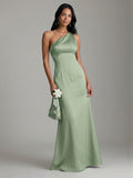 Elegant Dusty Sage Satin mermaid One Shoulder Backless Ankle-Length Bridesmaid Dress