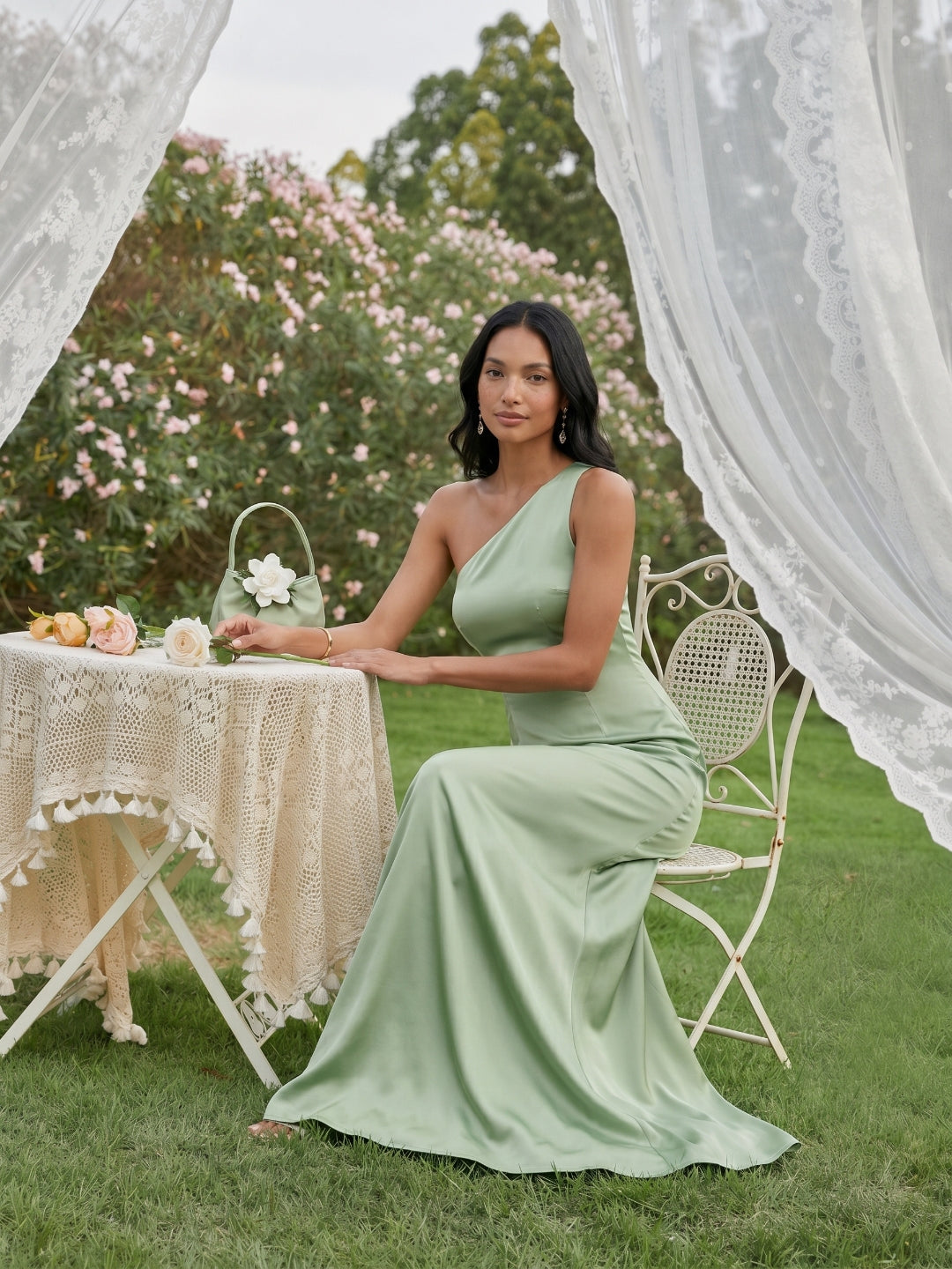 Elegant Dusty Sage Satin mermaid One Shoulder Backless Ankle-Length Bridesmaid Dress