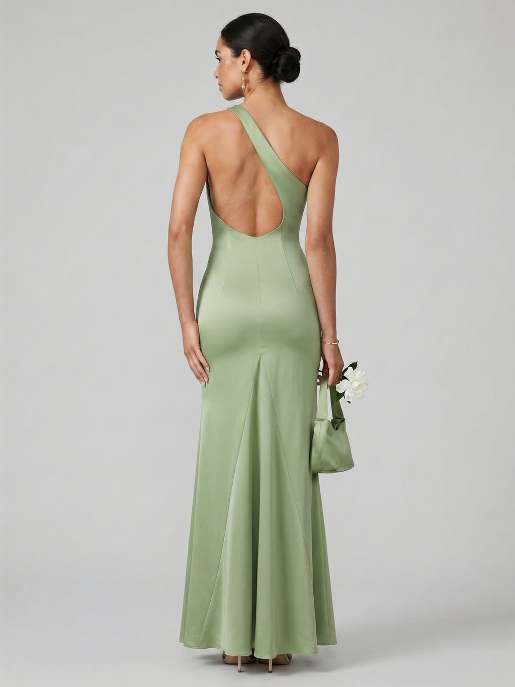Elegant Dusty Sage Satin mermaid One Shoulder Backless Ankle-Length Bridesmaid Dress