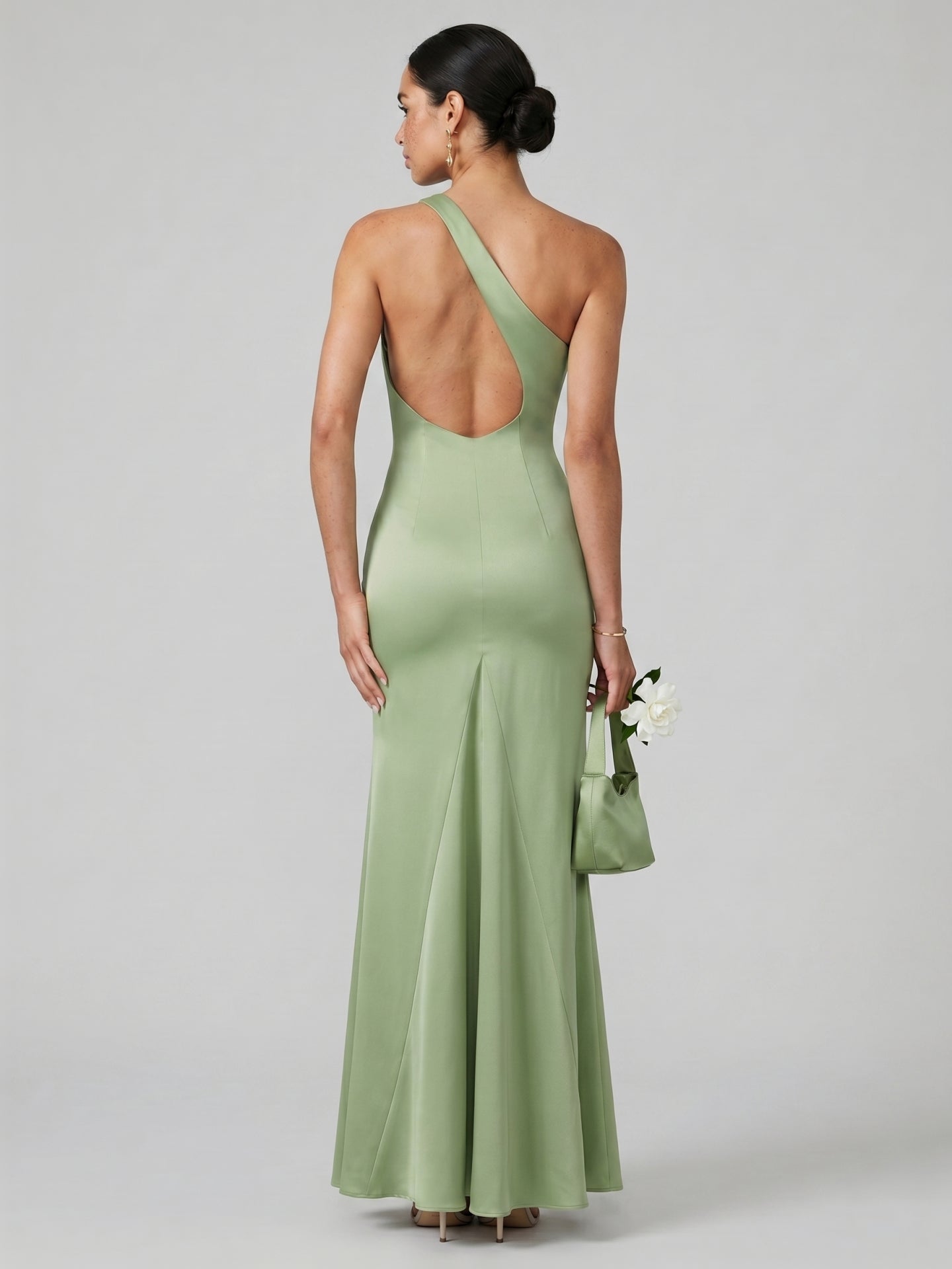Elegant Dusty Sage Satin mermaid One Shoulder Backless Ankle-Length Bridesmaid Dress