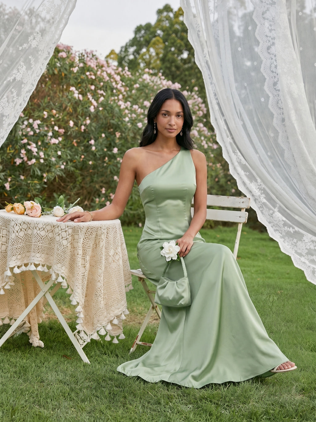 Elegant Dusty Sage Satin mermaid One Shoulder Backless Ankle-Length Bridesmaid Dress