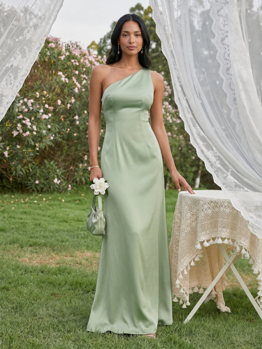 Elegant Dusty Sage Satin mermaid One Shoulder Backless Ankle-Length Bridesmaid Dress