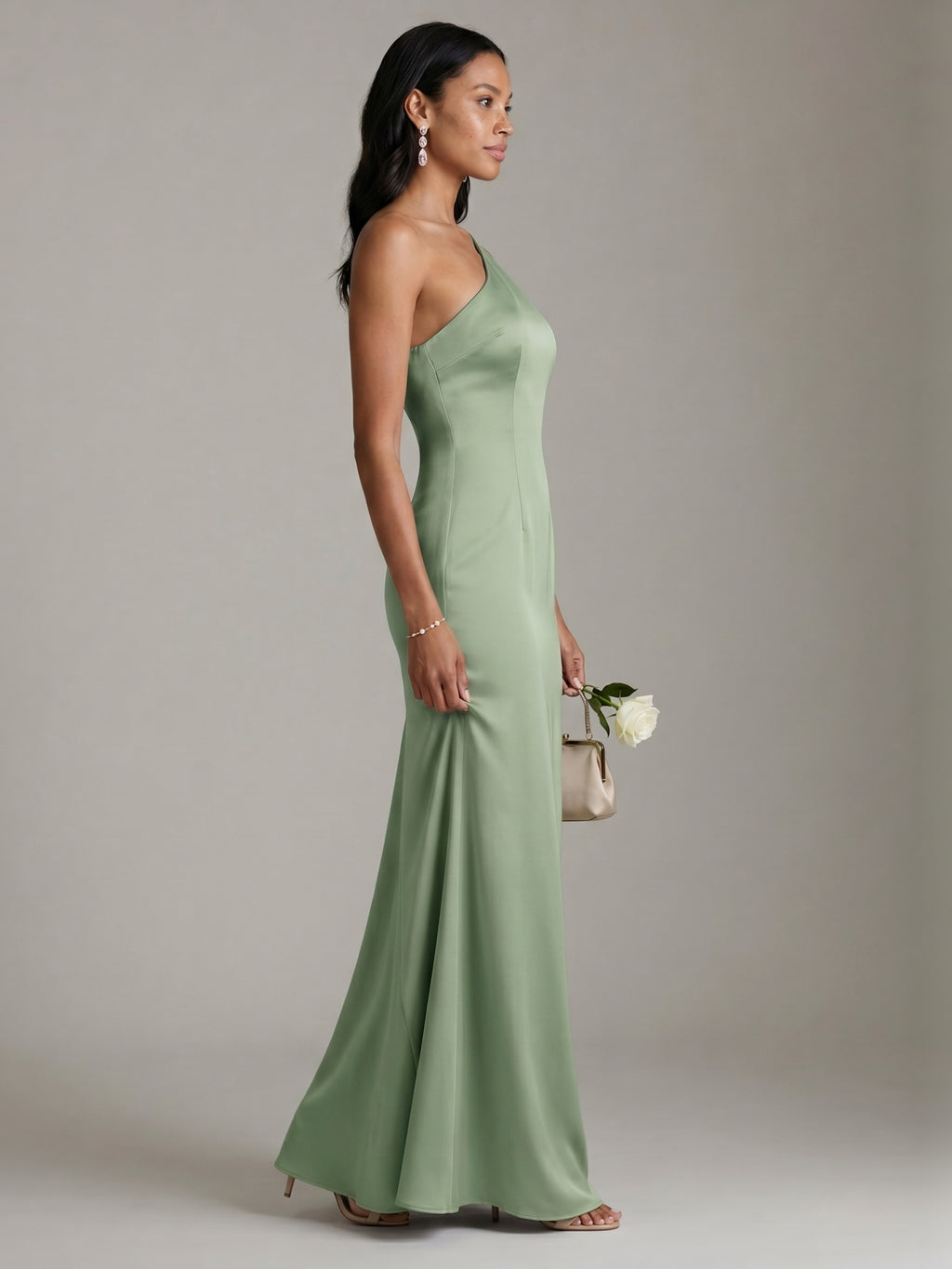 Elegant Dusty Sage Satin mermaid One Shoulder Backless Ankle-Length Bridesmaid Dress