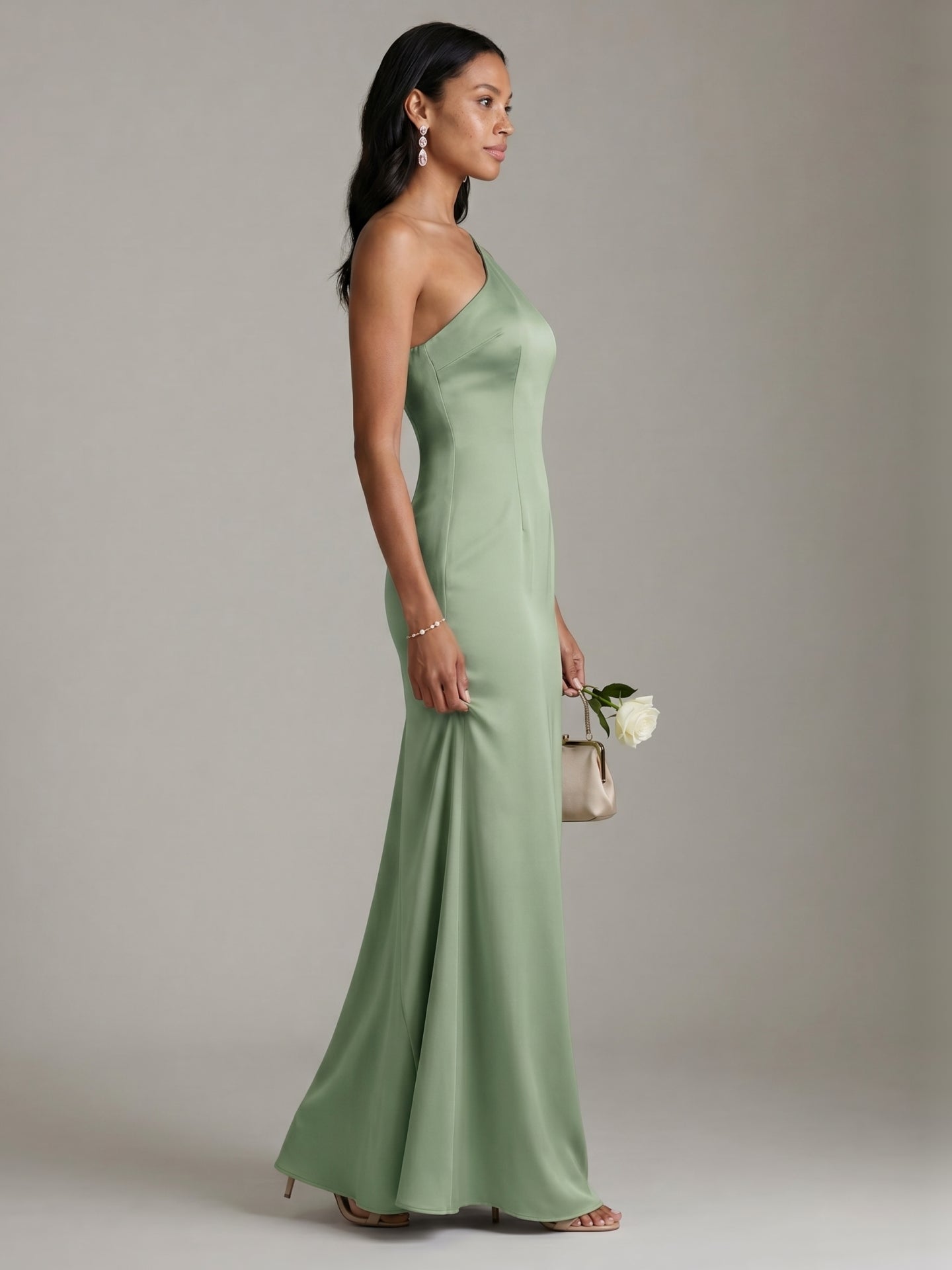 Elegant Dusty Sage Satin mermaid One Shoulder Backless Ankle-Length Bridesmaid Dress