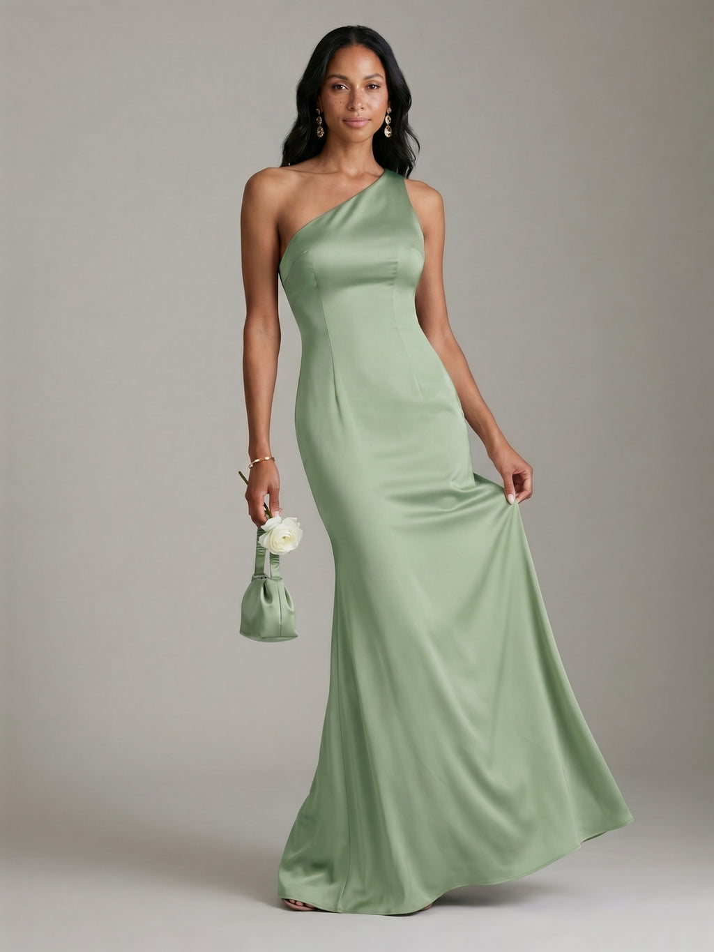 Elegant Dusty Sage Satin mermaid One Shoulder Backless Ankle-Length Bridesmaid Dress