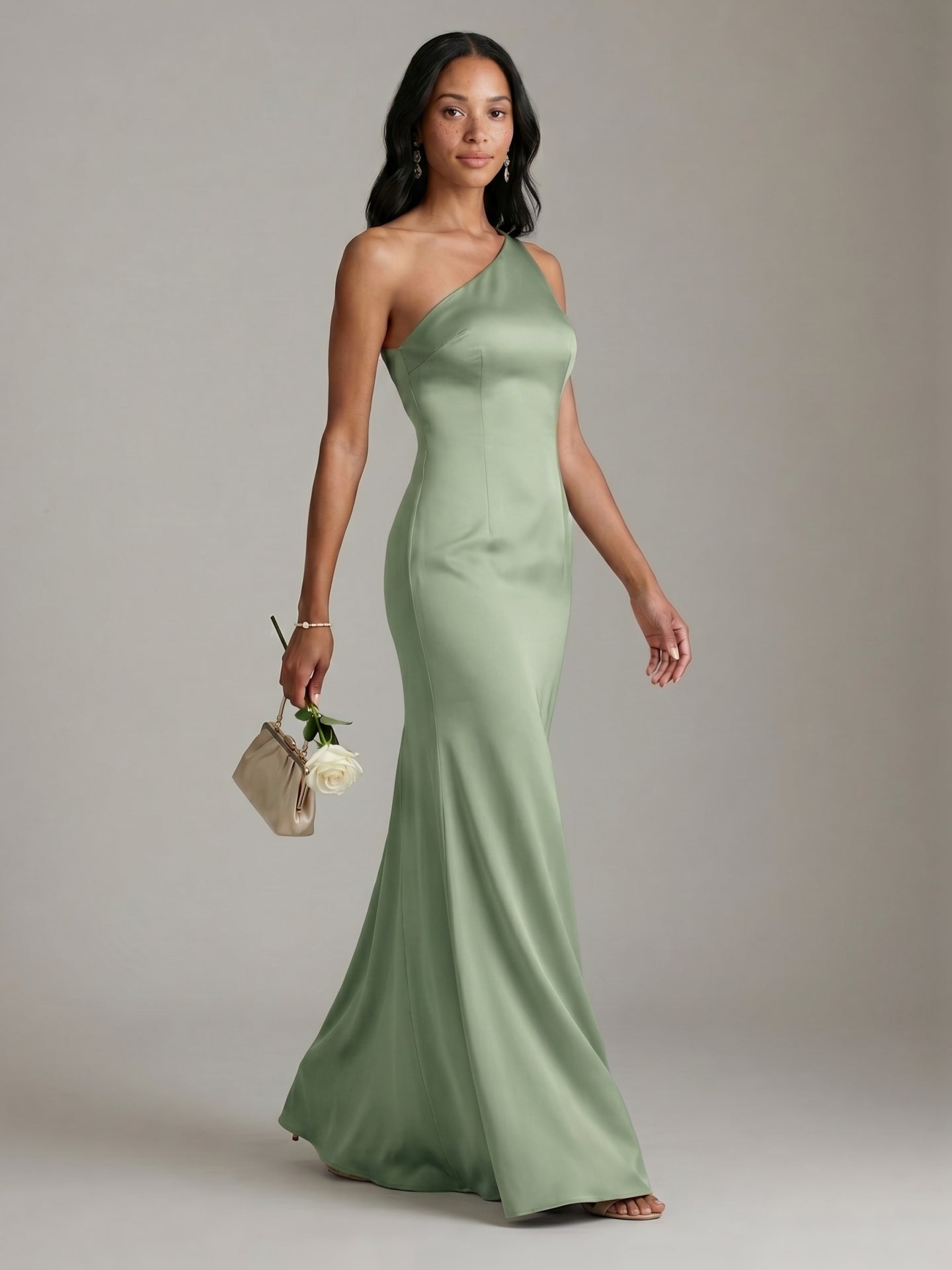 Elegant Dusty Sage Satin mermaid One Shoulder Backless Ankle-Length Bridesmaid Dress