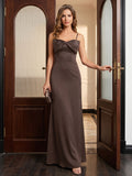 Elegant Espresso Satin A-Line Straight Neck Back Zip Ankle-Length Bridesmaid Dress