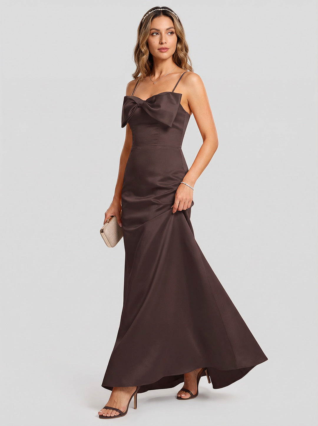 Elegant Espresso Satin A-Line Straight Neck Back Zip Ankle-Length Bridesmaid Dress