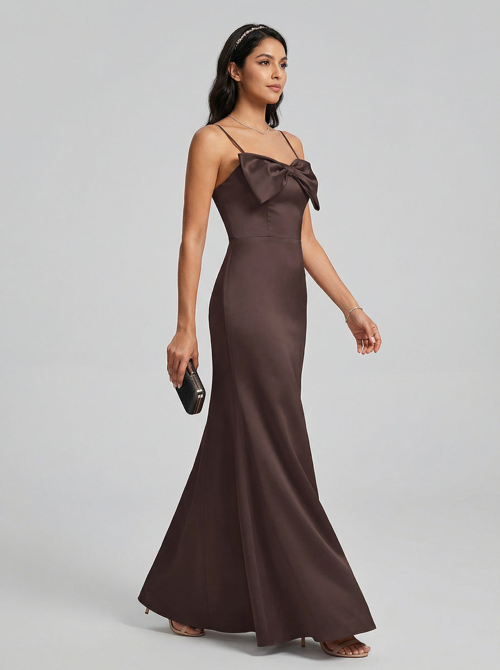 Elegant Espresso Satin A-Line Straight Neck Back Zip Ankle-Length Bridesmaid Dress