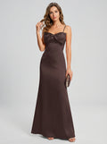 Elegant Espresso Satin A-Line Straight Neck Back Zip Ankle-Length Bridesmaid Dress