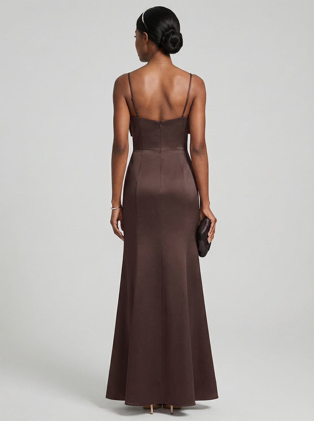 Elegant Espresso Satin A-Line Straight Neck Back Zip Ankle-Length Bridesmaid Dress
