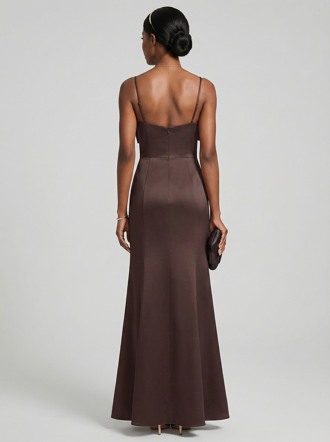 Elegant Espresso Satin A-Line Straight Neck Back Zip Ankle-Length Bridesmaid Dress