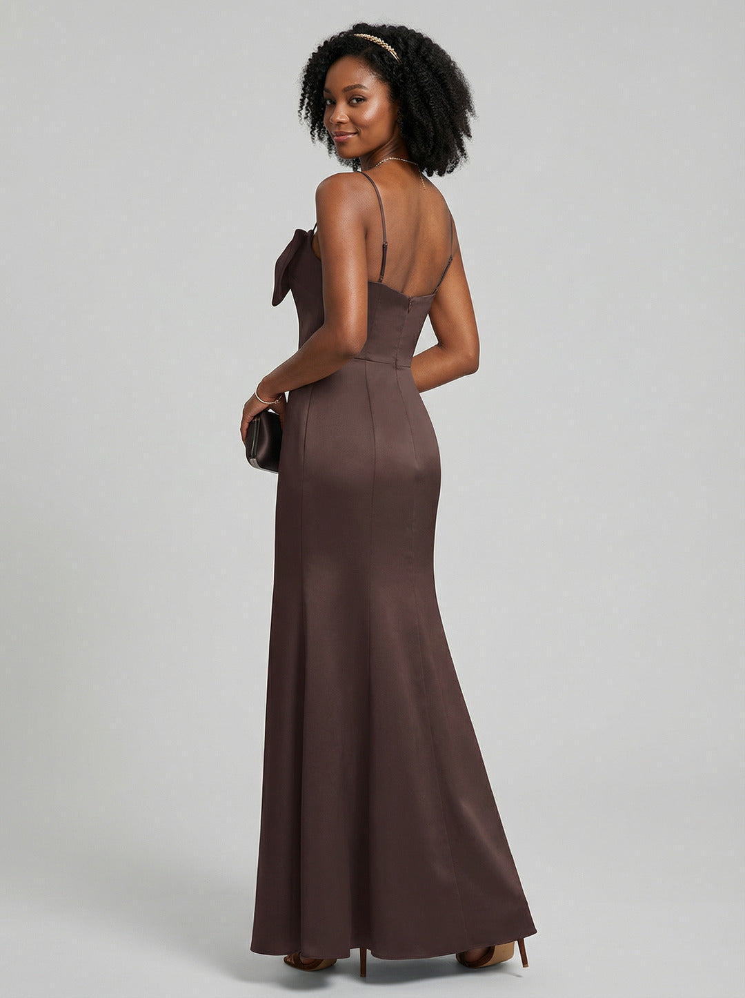 Elegant Espresso Satin A-Line Straight Neck Back Zip Ankle-Length Bridesmaid Dress