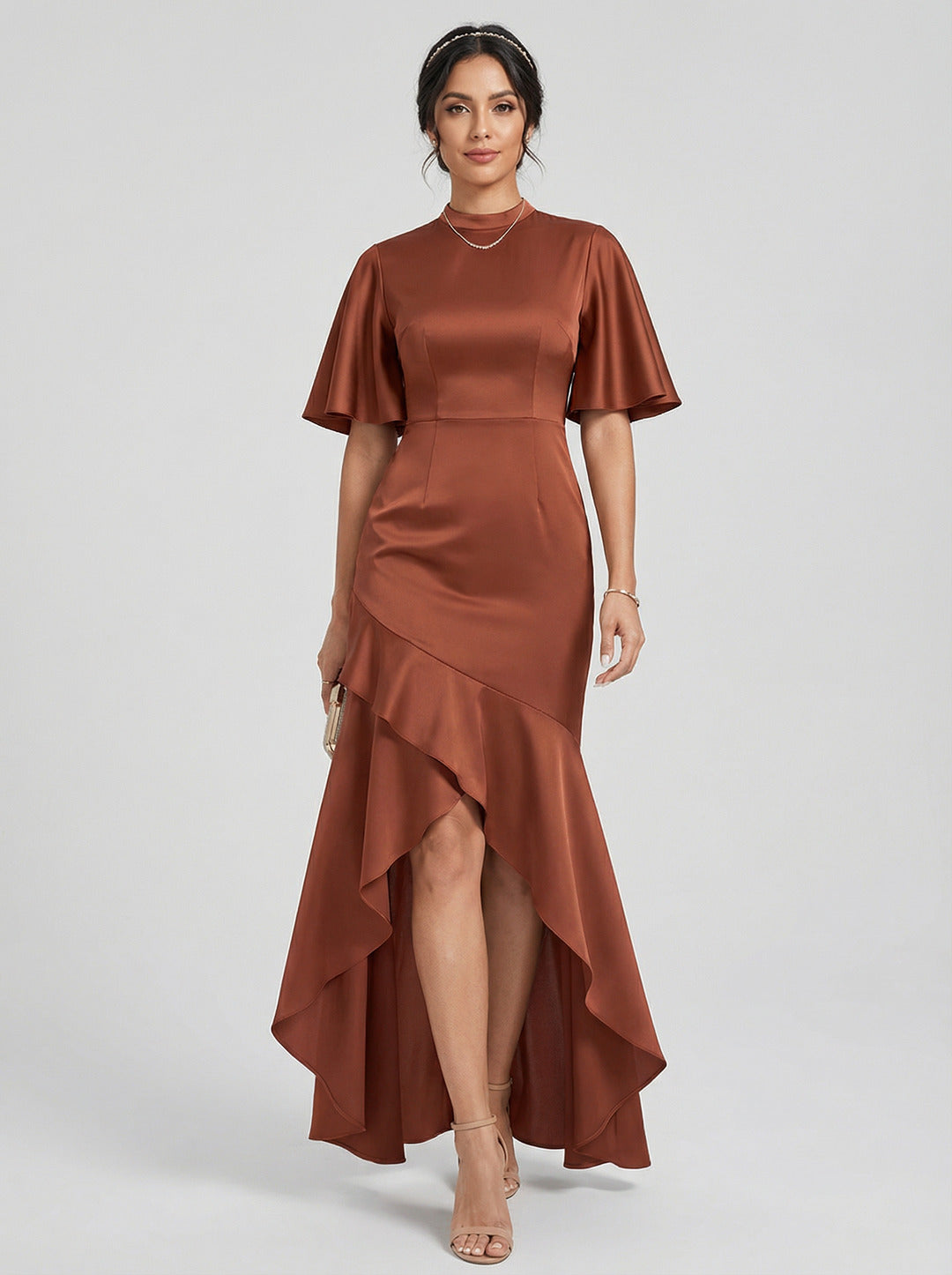 Elegant Rust Matte Satin mermaid Scoop Neck Back Zip Asymmetrical Bridesmaid Dress